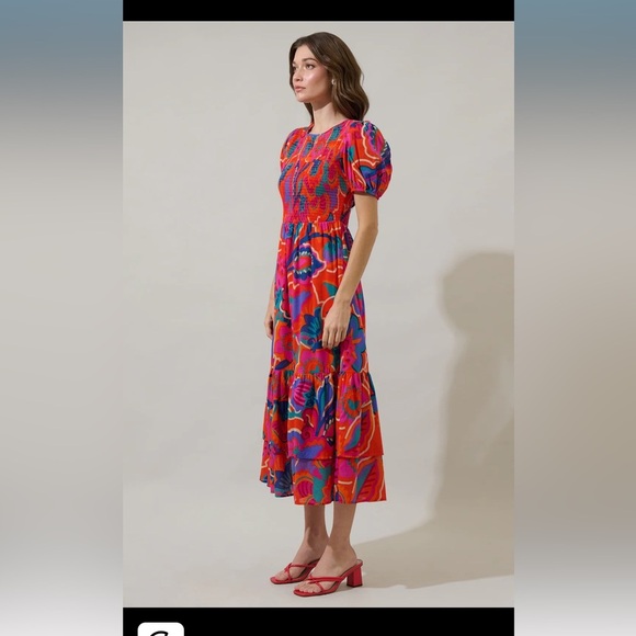 SugarLips Kahlia Tropics Aruba Smocked Midi Dress Orange Red Multi - Picture 4 of 7